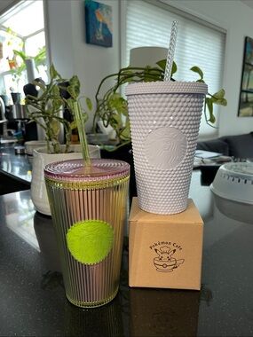 Starbucks White Studded Tumbler & Iridescent Green Logo Cup